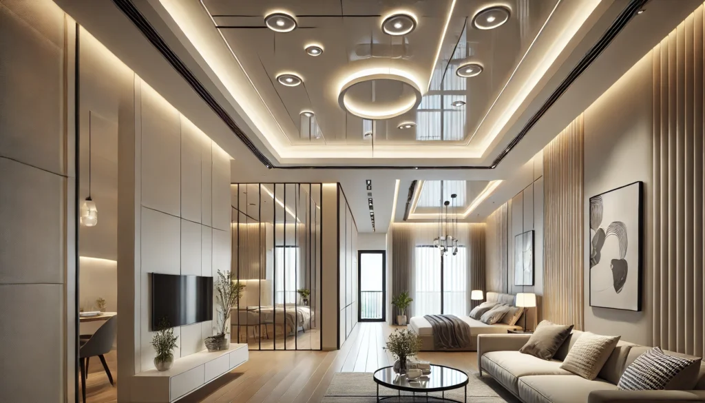 DALL·E 2024-12-16 23.05.50 - A modern apartment interior showcasing stretch ceilings in different rooms. The living room features a glossy white stretch ceiling with recessed LED