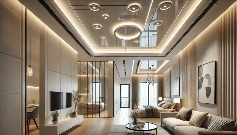 DALL·E 2024-12-16 23.05.50 - A modern apartment interior showcasing stretch ceilings in different rooms. The living room features a glossy white stretch ceiling with recessed LED